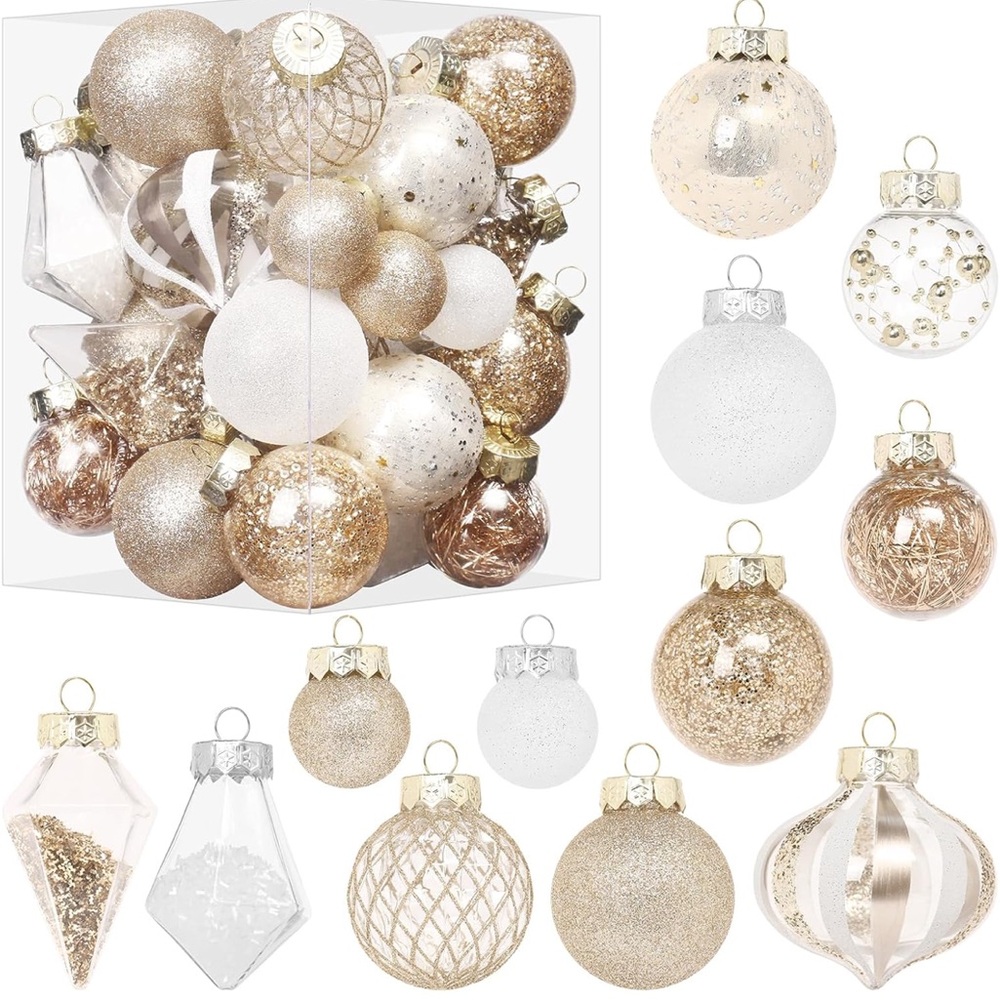 Christmas Ball Ornaments Set of ~30 Gold, Silver, and White Pieces